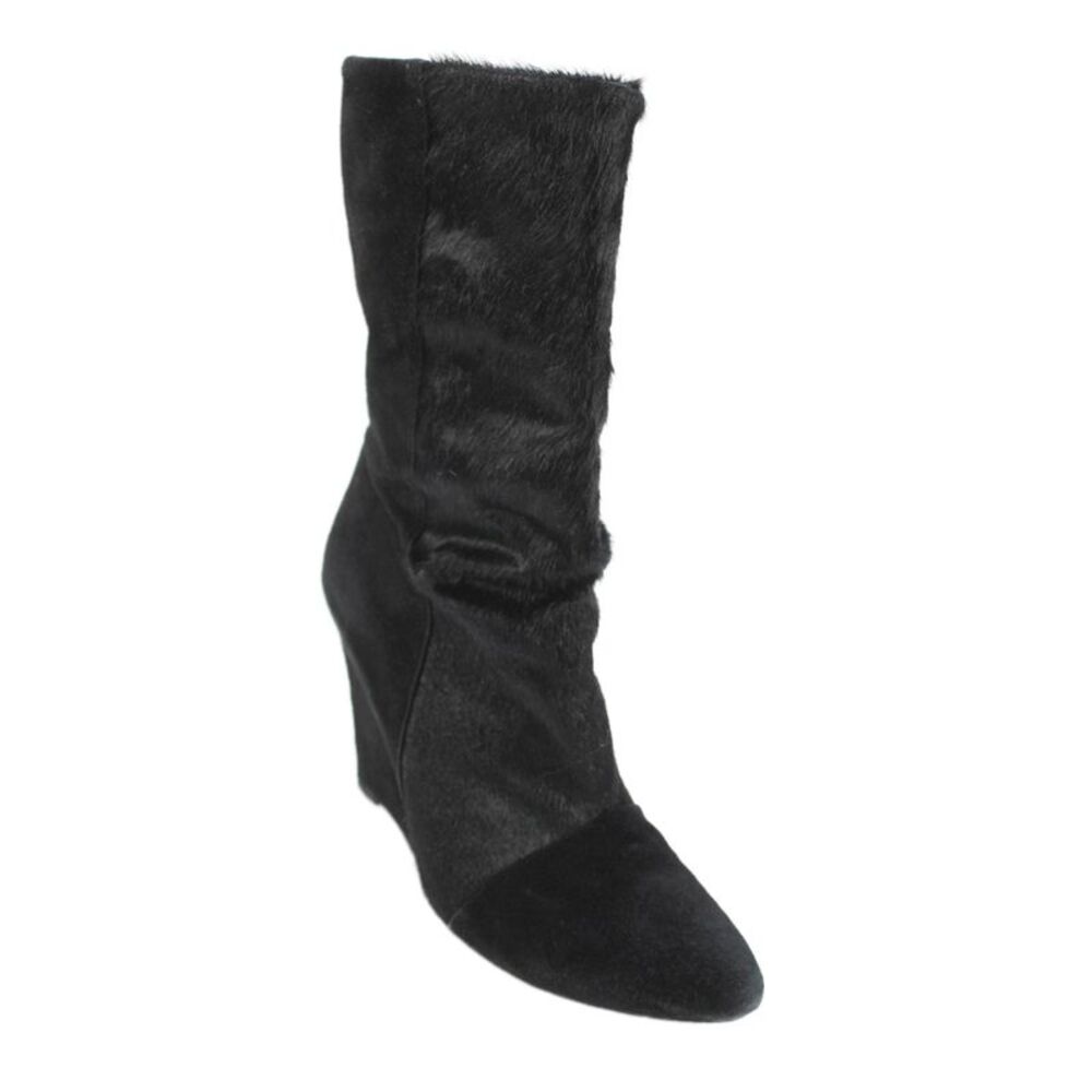 Plomo Women's Pointed Toe Leather Wedge Mid-Calf Boots Black Size 40